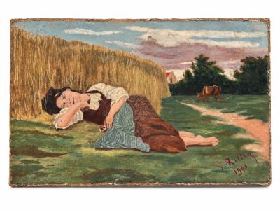une image représentant un tableau où l'on voit une femme allongée par terre