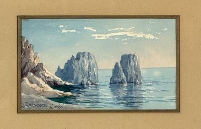 a picture of a painting of rocks in the water