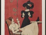 painting of a woman sitting in a chair with a man smoking a cigarette