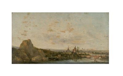 an image of a painting of a view of a city with a river in the foreground