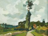 tableau représentant une route de campagne avec un arbre solitaire au loin