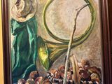 peinture représentant une peinture d'une trompette et d'un chapeau accrochés au mur