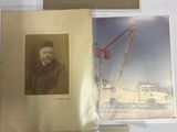 many pictures of a man on a train on the table