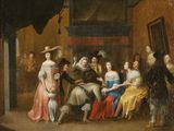 peinture d'un groupe de personnes assises autour d'une table dans une pièce
