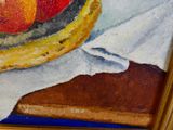 a painting of a piece of cake and an apple on the table