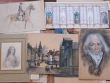 many drawings of people and horses on the wall