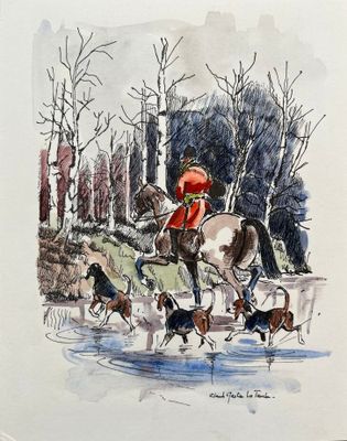 un dessin représentant un homme à cheval, entouré d'une meute de chiens