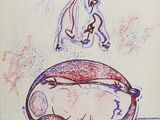 drawing of a woman sitting on a couch next to a bowl of food