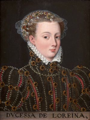 portrait d'une femme vêtue d'une robe noire ornée de dentelle blanche et d'un ruban rouge