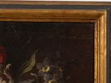 painting of a still life of fruit and flowers in a gold frame