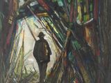 an image of a painting of a man walking through a forest