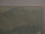 an oil painting of a boat in the ocean on a cloudy day