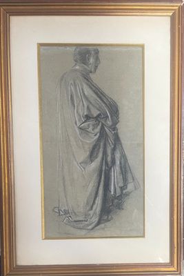 dessin encadré représentant un homme en robe près d'une cheminée