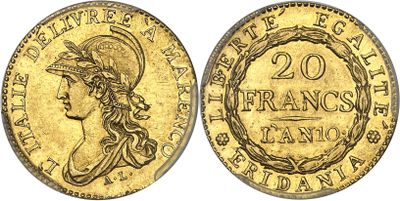 a gold coin with a woman ' s head on it