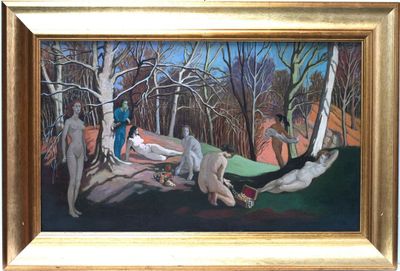 a painting of a group of people in a wooded area