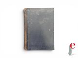 an old book on a white surface with a red and white logo