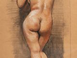 drawing of a nude woman leaning against a wall with her back to the camera