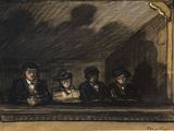 une image d'un tableau représentant un groupe de personnes assises à une table