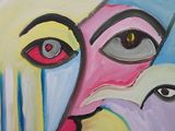 un tableau représentant un visage sur lequel est posé un oiseau