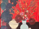 un tableau représentant un vase de fleurs et un livre posés sur une table