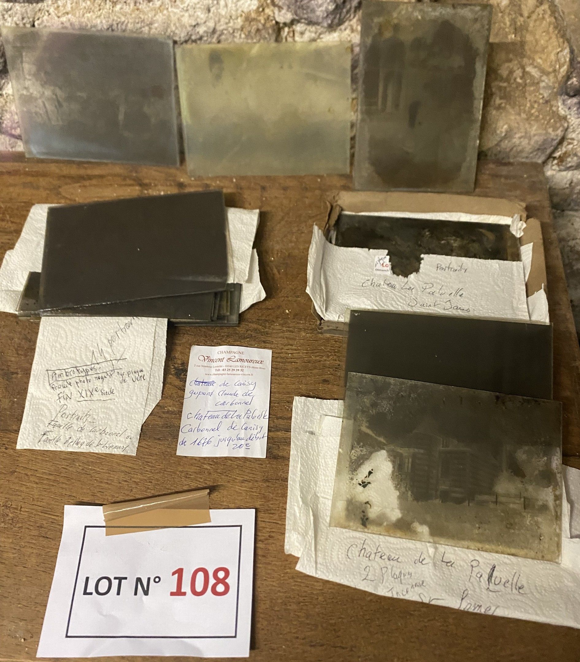 Intéressant lot de 28 plaques ambrotypes (17,8X13) fin XIXeme, relatif au château de la Paluelle à St James (Manche) ...