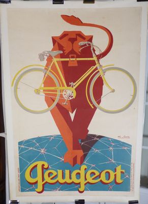 une affiche représentant un chat à vélo, avec un autre chat assis dessus