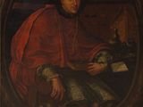 portrait d'un homme vêtu d'une robe rouge, tenant un livre et une épée