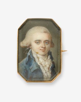 portrait d'un homme en redingote bleue et chapeau blanc