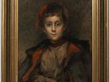 a painting of a young boy in a red hat and jacket