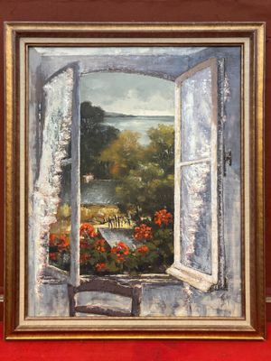 une peinture à l'huile représentant une fenêtre avec vue sur un lac