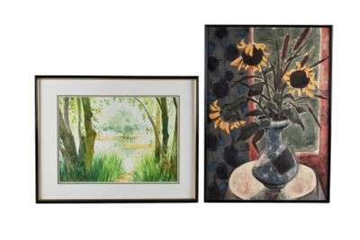 BERTIERE, Denise (1900- ?). Bord de rivière ombragé. Aquarel…