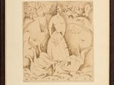 drawing of a woman standing in front of a herd of sheep