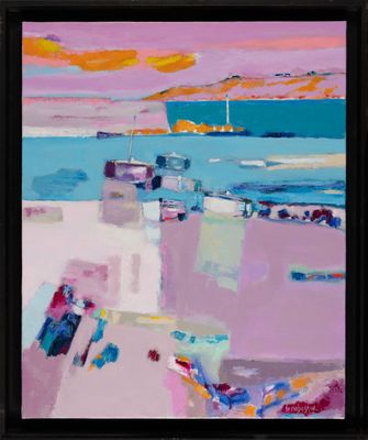 abstract painting of a beach scene with boats and a pink sky