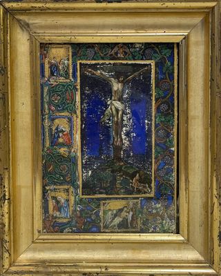 tableau représentant un crucifidus dans un cadre doré sur fond bleu