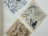 three drawings on the page of a book that is open