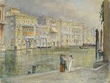 a painting of two people standing on a pier
