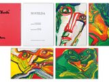 six paintings of different colors and sizes are displayed on a white surface