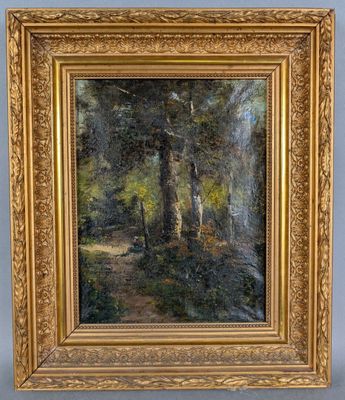 an oil painting of a wooded scene with trees in the foreground