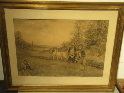 painting of two men on horses with a dog in the foreground