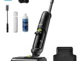 a close up of a vacuum cleaner and cleaning supplies on a white background