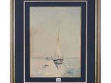 a painting of a sailboat on the water with a sky background