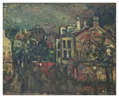an image of a painting of a cityscape with buildings in the background