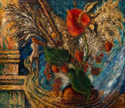 une peinture de fleurs dans un vase sur une table