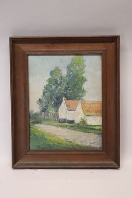 une peinture à l'huile représentant une maison blanche dans un champ, avec des arbres en arrière-plan
