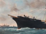 a painting of a ship in the water with other ships in the background
