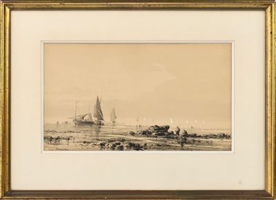 tableau représentant un voilier au loin et un bateau au premier plan