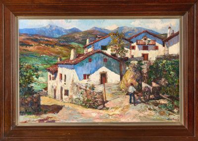 an oil painting of a village scene with a man and a horse