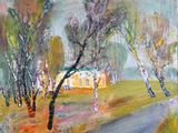une peinture à l'huile représentant une route de campagne avec des arbres et des maisons en arrière-plan