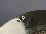 a close up of a silver plate on a table