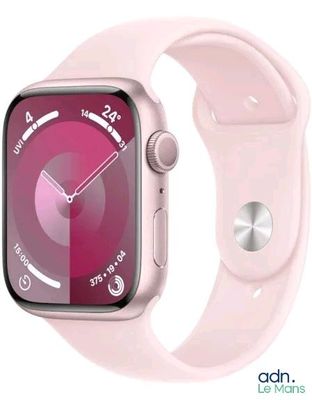 a pink apple watch with a white band